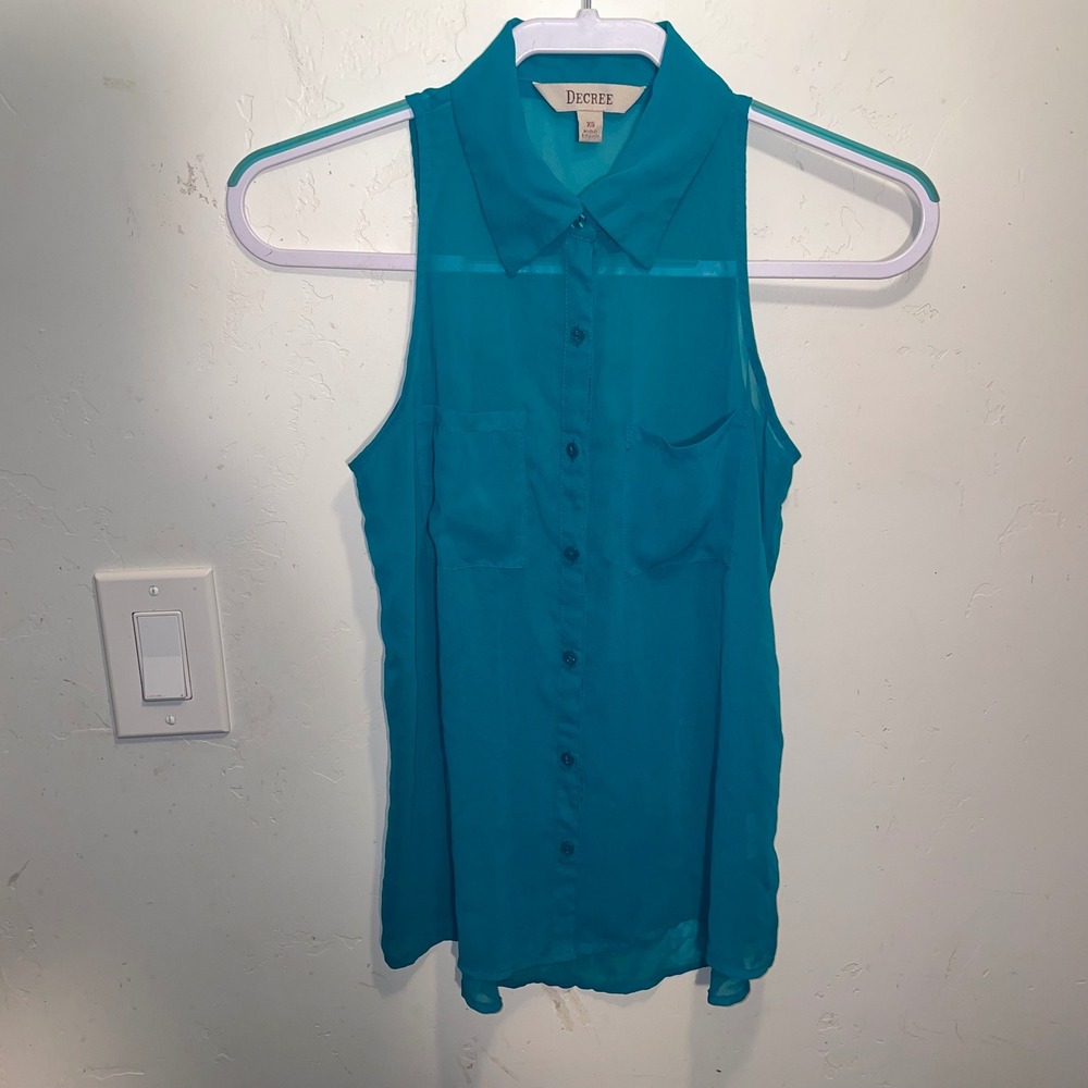 Decree Womens Teal Blue Sleeveless Button Down Sheer Blouse Top XS